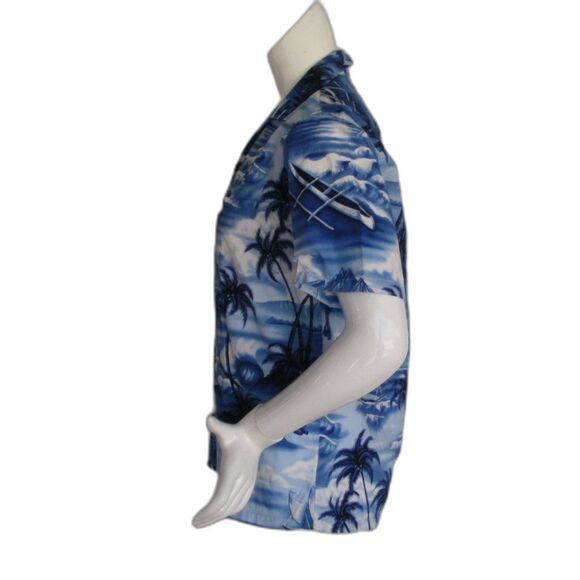 ROYAL CREATIONS Hawaiian Shirt, S, Blue/White, Sea View, outriggers, Tikis - Picture 7 of 9